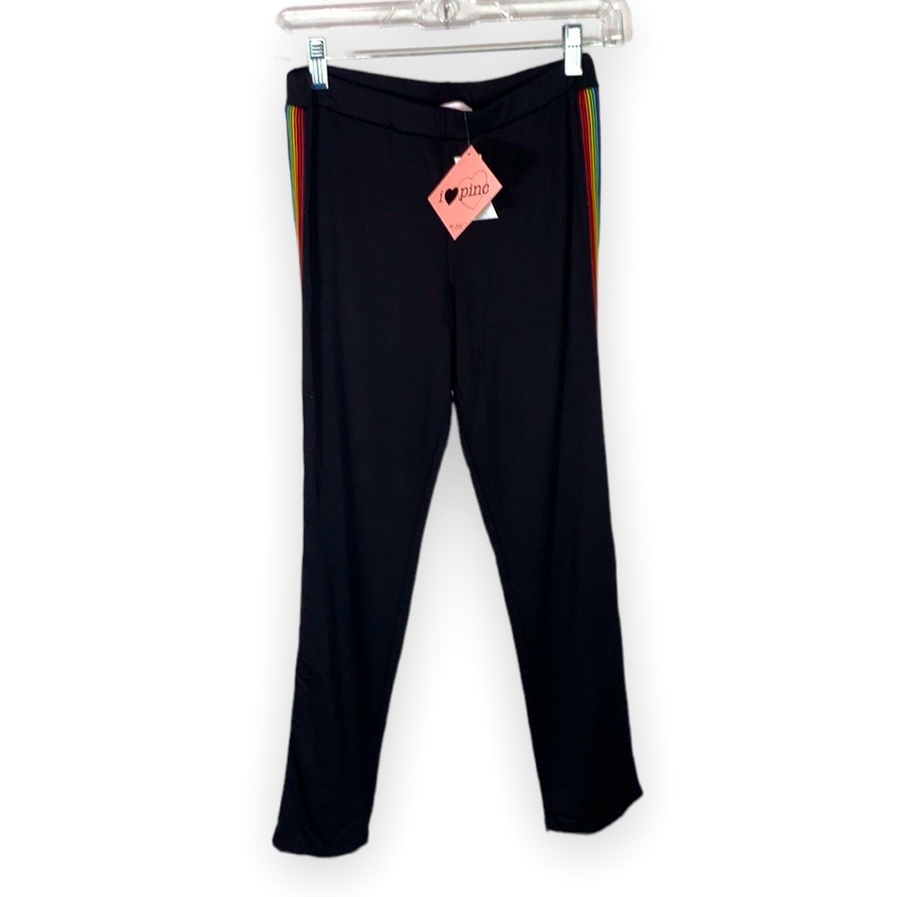 I Heart Pinc Black Rainbow Striped Lounge Pants XL NWT New Colorful